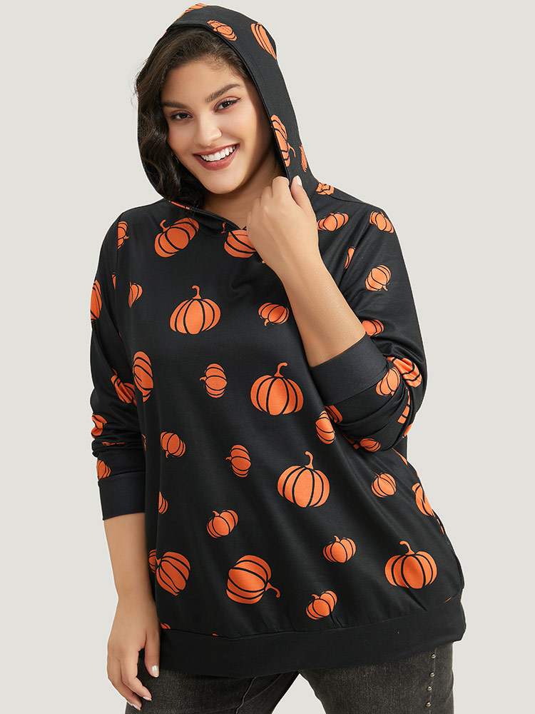

Plus Size Halloween Pumpkin Print Hooded Sweatshirt Women Black Casual Elastic cuffs Hooded Festival-Halloween Sweatshirts BloomChic