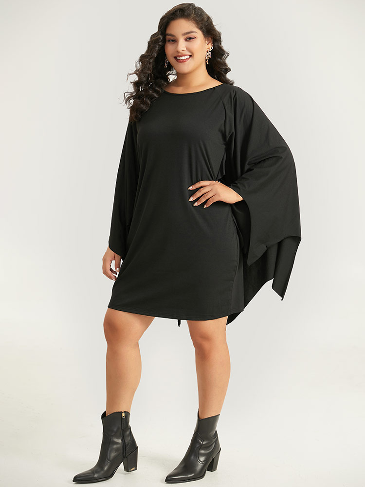 Plus Size Halloween Plain Round Neck Dolman Sleeve Dress Black Women Casual Plain Round Neck Long Sleeve Curvy Midi Dress BloomChic 12/L 