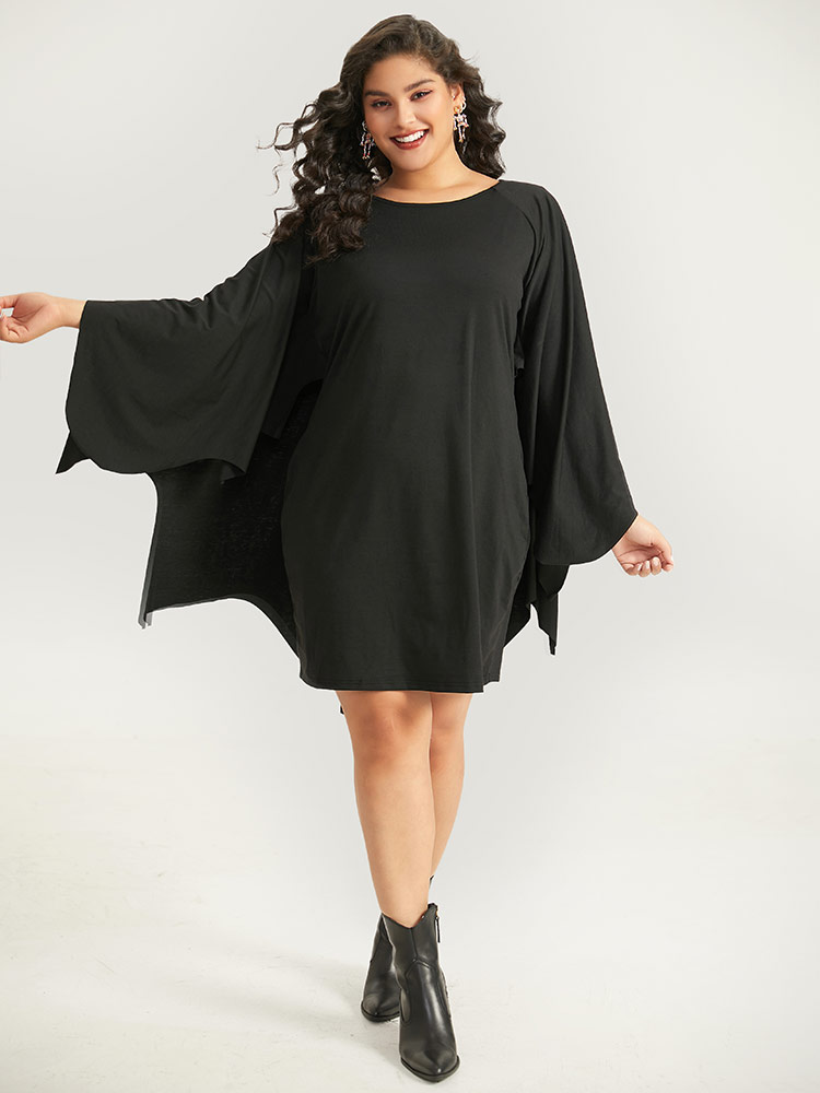 Plus Size Halloween Plain Round Neck Dolman Sleeve Dress Black Women Casual Plain Round Neck Long Sleeve Curvy Midi Dress BloomChic 12/L 