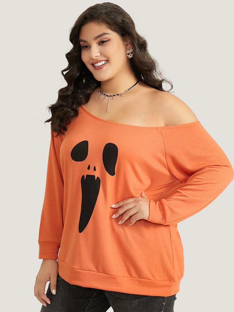 Plus Size Women Festival-Halloween Halloween One-shoulder Regular Raglan sleeve Long Sleeve One Shoulder Casual Sweatshirts BloomChic 