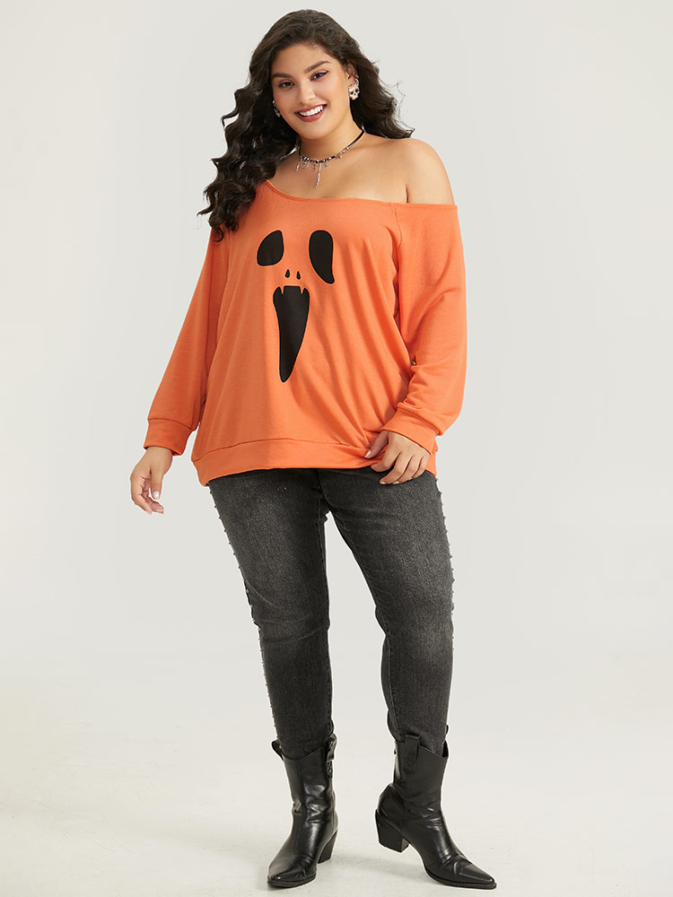 Plus Size Women Festival-Halloween Halloween One-shoulder Regular Raglan sleeve Long Sleeve One Shoulder Casual Sweatshirts BloomChic 