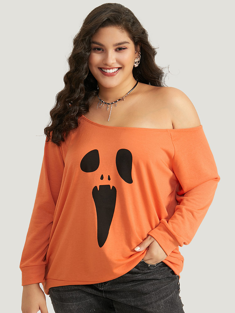 Plus Size Women Festival-Halloween Halloween One-shoulder Regular Raglan sleeve Long Sleeve One Shoulder Casual Sweatshirts BloomChic 