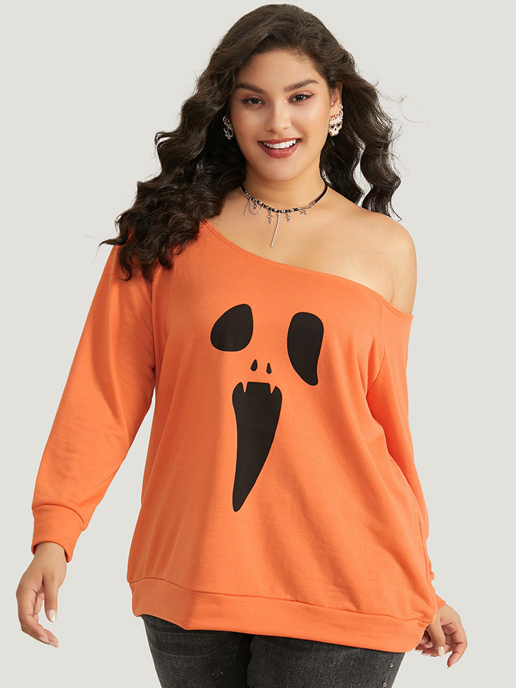 Plus Size Women Festival-Halloween Halloween One-shoulder Regular Raglan sleeve Long Sleeve One Shoulder Casual Sweatshirts BloomChic 