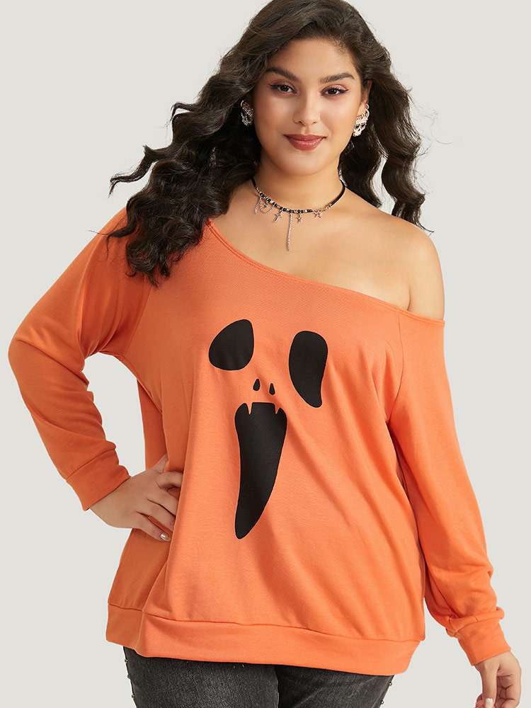 

Plus Size Halloween Print One Shoulder Raglan Sleeve Sweatshirt Women OrangeRed Casual Printed Festival-Halloween Sweatshirts BloomChic