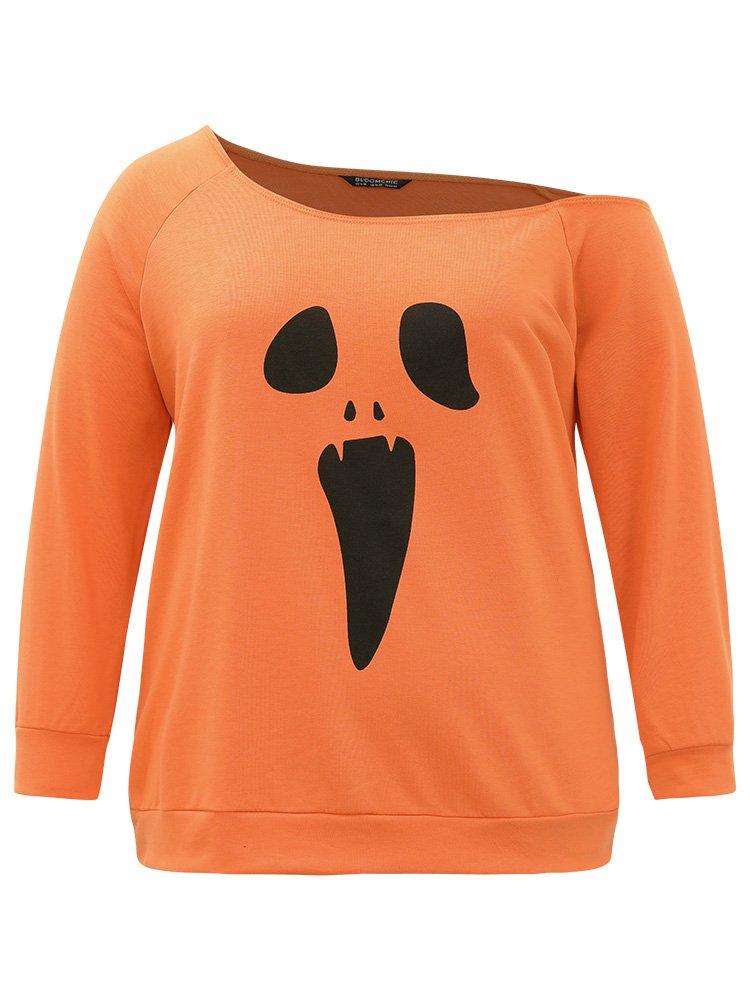 Plus Size Women Festival-Halloween Halloween One-shoulder Regular Raglan sleeve Long Sleeve One Shoulder Casual Sweatshirts BloomChic 