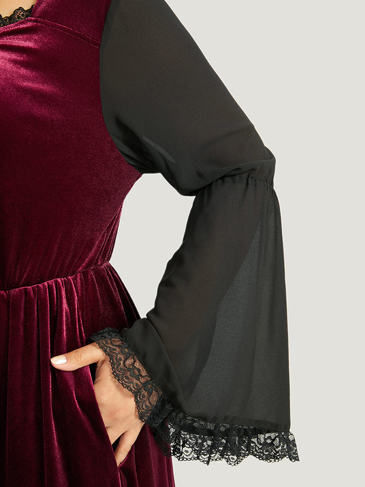 Plus Size Women Festival-Halloween Plain Pleated Bell Sleeve Long Sleeve Square Neck Pocket Elegant Dresses BloomChic 