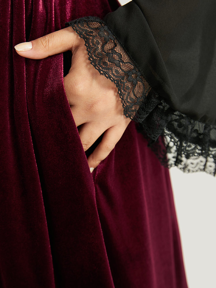 Plus Size Women Festival-Halloween Plain Pleated Bell Sleeve Long Sleeve Square Neck Pocket Elegant Dresses BloomChic 