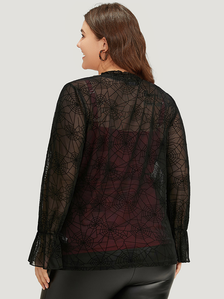 

Plus Size Black Halloween Spider Web Mesh Bell Sleeve Blouse Women Elegant Long Sleeve Halter neck Festival-Halloween Blouses BloomChic