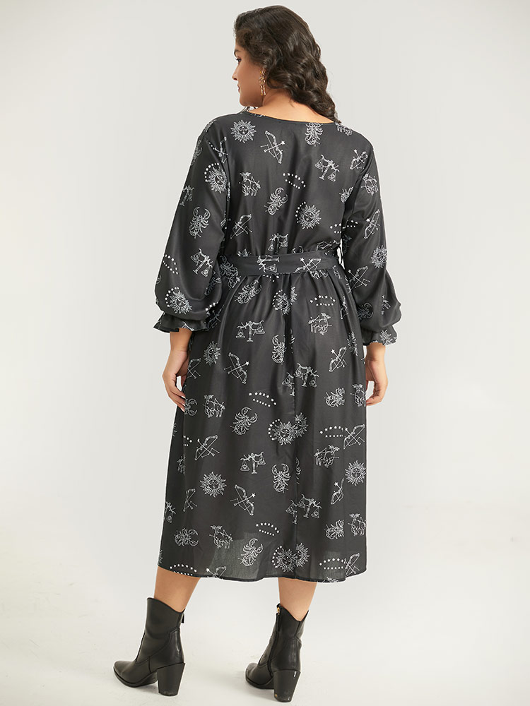 

Plus Size Halloween Print Belted Pocket Wrap Split Hem Dress Black Women Elegant Elastic cuffs V-neck Long Sleeve Curvy Midi Dress BloomChic