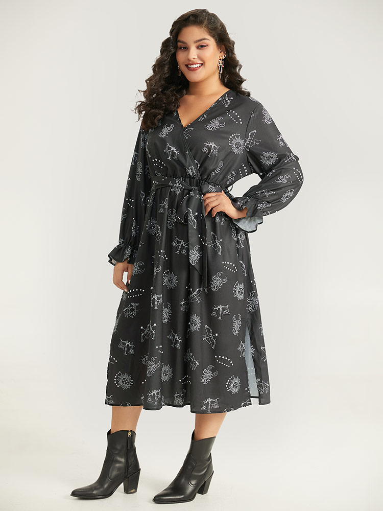 Plus Size Women Festival-Halloween Graphic-Halloween Elastic cuffs Lantern Sleeve Long Sleeve V-neck Pocket Belt Elegant Dresses BloomChic 