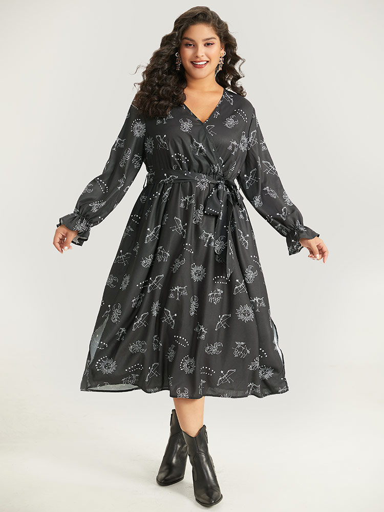 Plus Size Women Festival-Halloween Graphic-Halloween Elastic cuffs Lantern Sleeve Long Sleeve V-neck Pocket Belt Elegant Dresses BloomChic 
