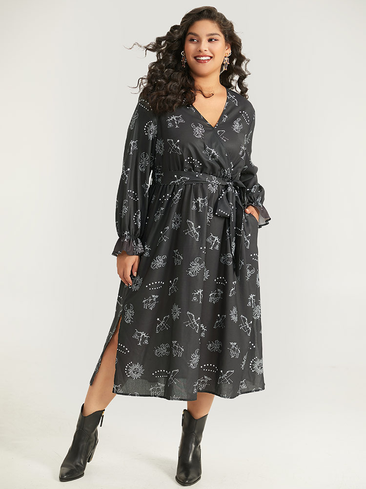 Plus Size Women Festival-Halloween Graphic-Halloween Elastic cuffs Lantern Sleeve Long Sleeve V-neck Pocket Belt Elegant Dresses BloomChic 
