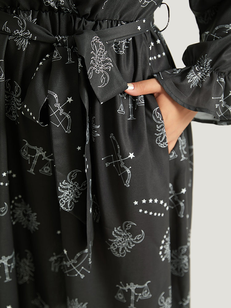 Plus Size Women Festival-Halloween Graphic-Halloween Elastic cuffs Lantern Sleeve Long Sleeve V-neck Pocket Belt Elegant Dresses BloomChic 