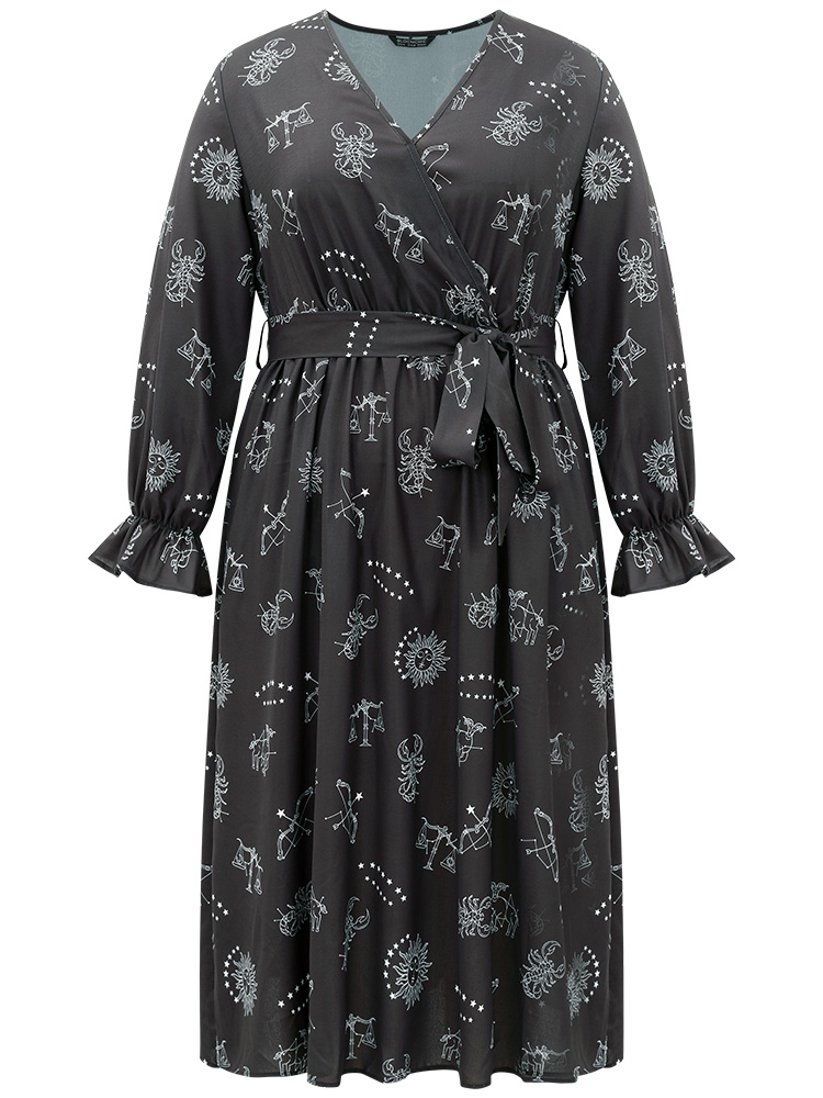 Plus Size Women Festival-Halloween Graphic-Halloween Elastic cuffs Lantern Sleeve Long Sleeve V-neck Pocket Belt Elegant Dresses BloomChic 