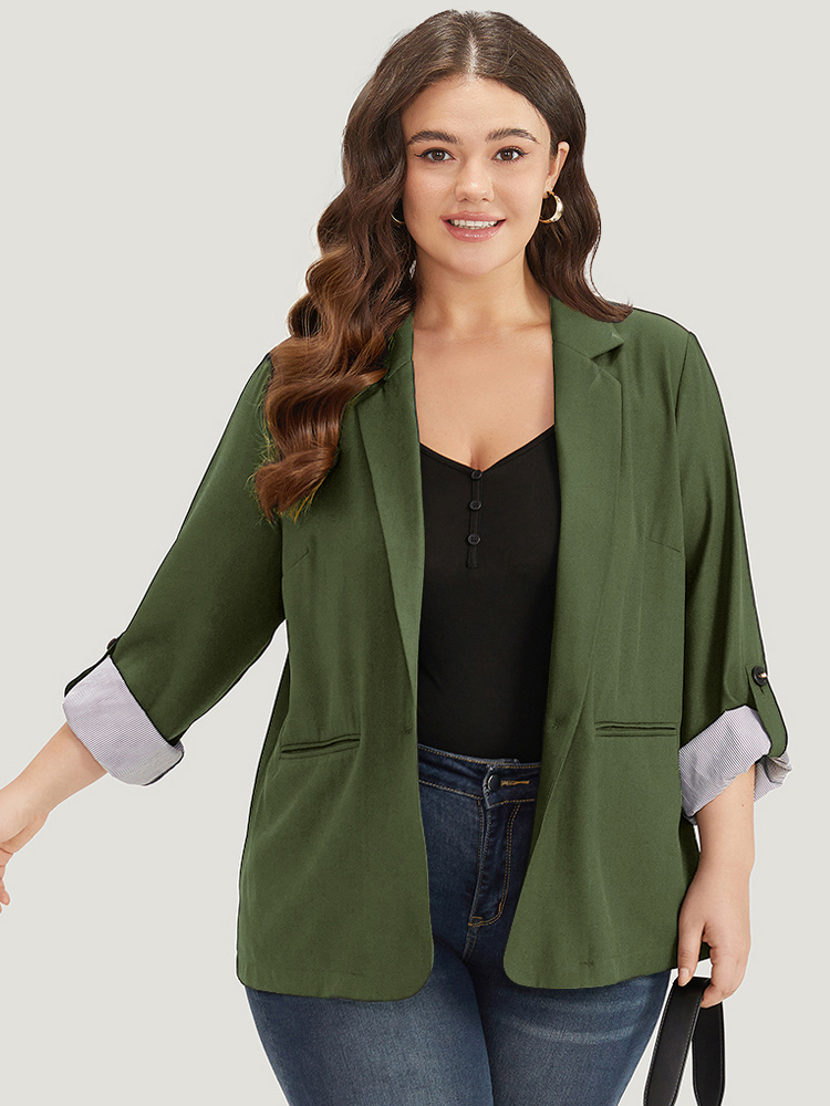 

Plus Size Contrast Suit Collar Button Up Pocket Tab Sleeve Blazer ArmyGreen Women Work Plain Contrast Sleeve Long Sleeve Lapel Collar  Pocket Office Blazers BloomChic