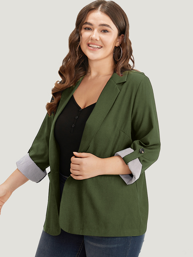 Plus Size Contrast Suit Collar Button Up Pocket Tab Sleeve Blazer ArmyGreen Women Work Plain Contrast Sleeve Long Sleeve Lapel Collar 18-20/2X Pocket Office Blazers BloomChic 