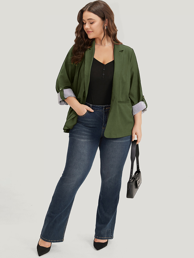 Plus Size Contrast Suit Collar Button Up Pocket Tab Sleeve Blazer ArmyGreen Women Work Plain Contrast Sleeve Long Sleeve Lapel Collar 18-20/2X Pocket Office Blazers BloomChic 