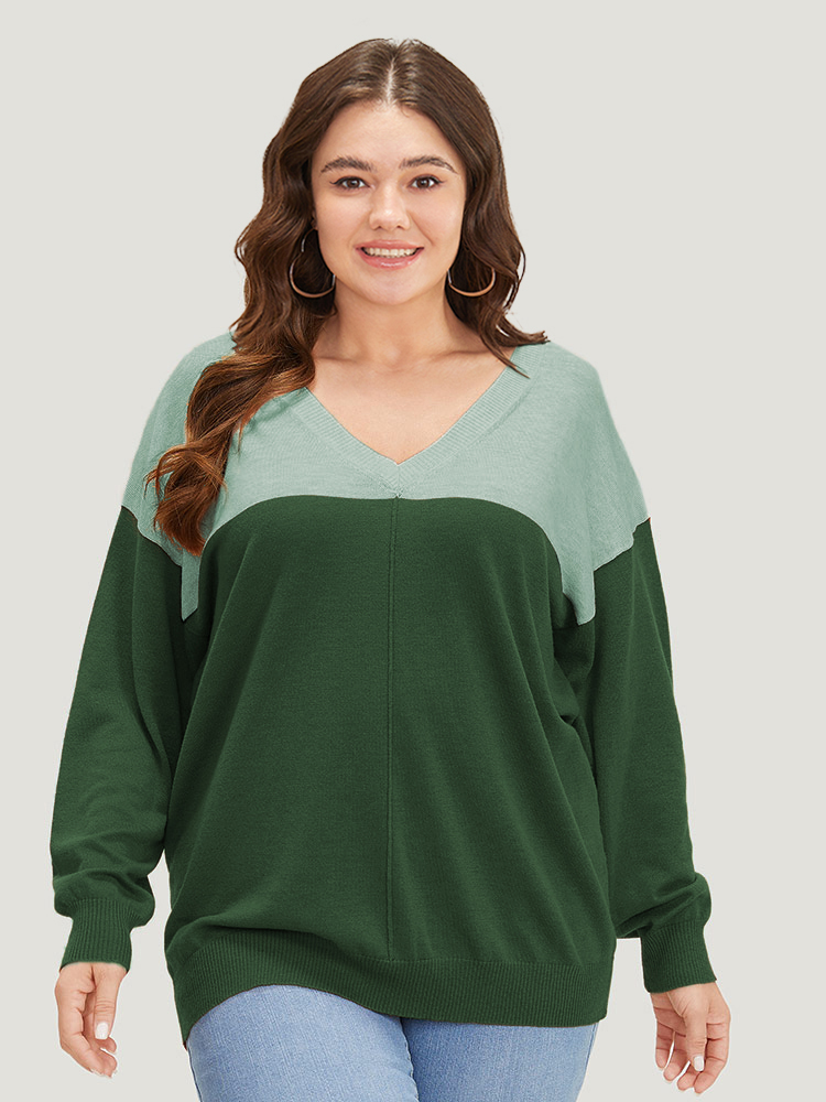 

Plus Size Supersoft Essentials Colorblock Two Tone Patchwork V Neck Pullover Green Women Casual Loose Long Sleeve V-neck Dailywear Pullovers BloomChic