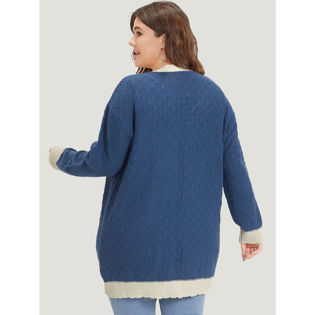 

Plus Size Two Tone Textured Button Through Cardigan Aegean Women Casual Loose Long Sleeve Dailywear Cardigans BloomChic