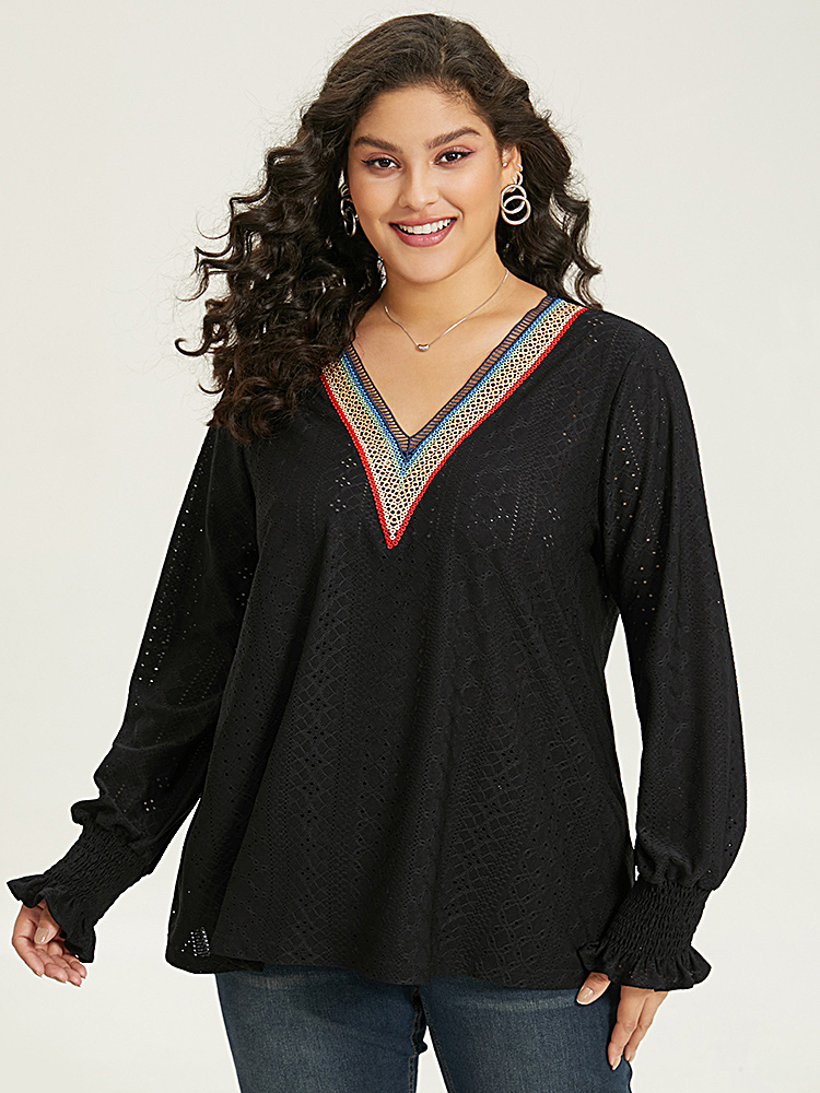 

Plus Size Contrast Webbing Hollow Out V Neck Shirred T-shirt Black V-neck Long Sleeve Elegant Jersey Tops