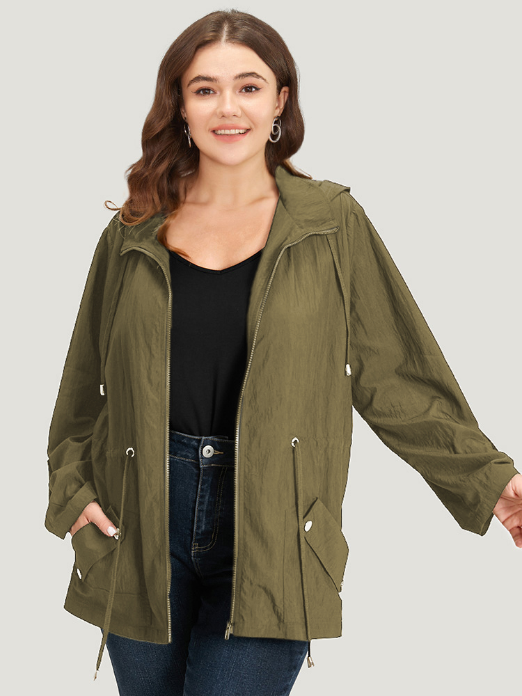 

Plus Size Plain Hooded Zipper Drawstring Tab Sleeve Coat Women ArmyGreen Plain Pocket Everyday Jackets BloomChic