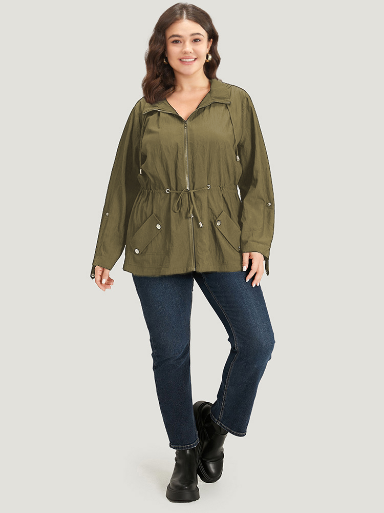 

Plus Size Plain Hooded Zipper Drawstring Tab Sleeve Coat Women ArmyGreen Plain Pocket Everyday Jackets BloomChic