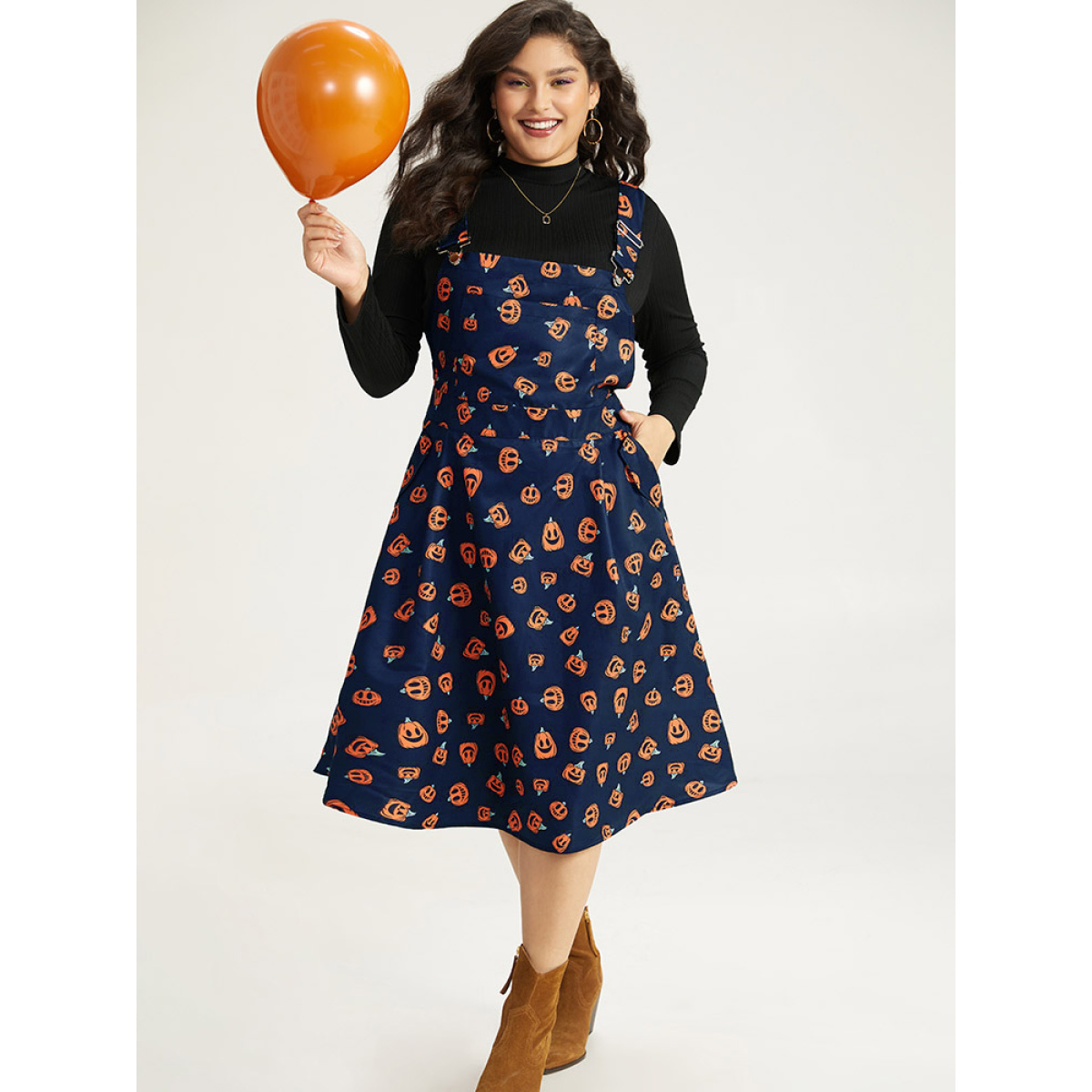 

Plus Size Halloween Pocket Pumpkin Print Overall Cami Dress DarkBlue Women Adjustable Straps Spaghetti Strap Sleeveless Curvy Midi Dress BloomChic