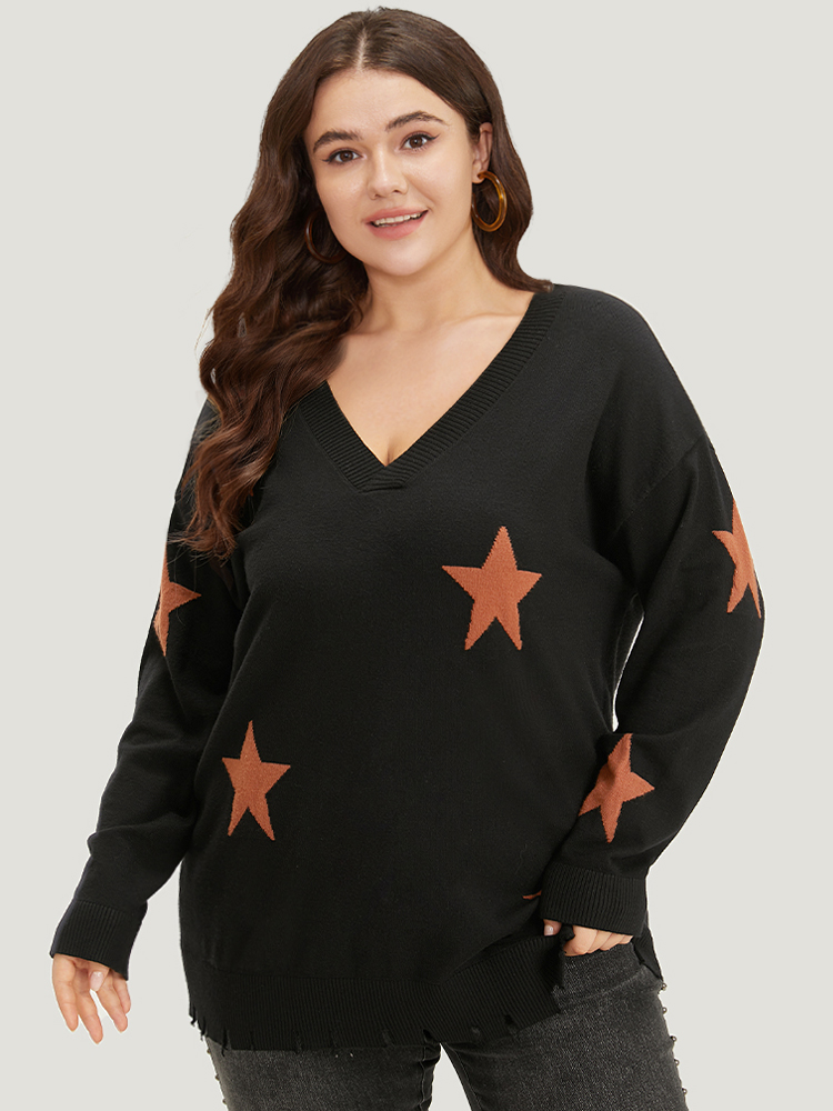 

Plus Size Halloween Supersoft Essentials Star V Neck Distressed Hem Pullover Black Women Casual Loose Long Sleeve V-neck Festival-Halloween Pullovers BloomChic