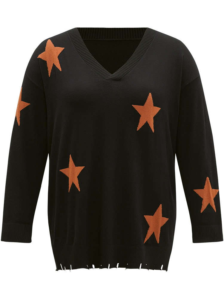 

Plus Size Halloween Supersoft Essentials Star V Neck Distressed Hem Pullover Black Women Casual Loose Long Sleeve V-neck Festival-Halloween Pullovers BloomChic