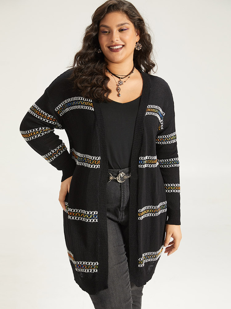 

Plus Size Halloween Rainbow Contrast Drop Shoulder Cardigan Black Women Casual Loose Long Sleeve Festival-Halloween Cardigans BloomChic