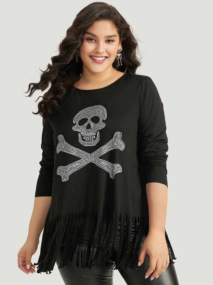 

Plus Size Halloween Skull Rhinestone Fringe Trim T-shirt Black Women Casual Tassels Halloween Round Neck Festival-Halloween T-shirts BloomChic