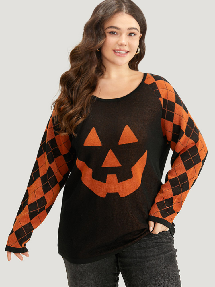 BloomChic Women's Plus Size Halloween Print Contrast Round Neck Pullover Black Graphic-Halloween Long Sleeve 12/L