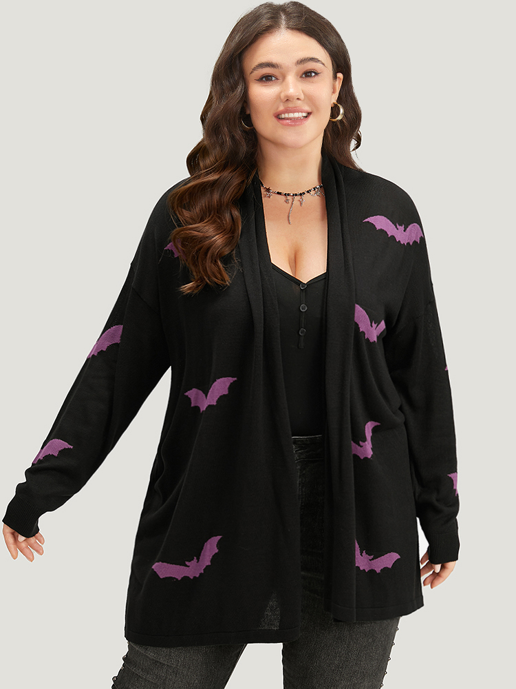 

Plus Size Supersoft Essentials Halloween Bat Pattern Lapel Collar Cardigan Black Women Casual Loose Long Sleeve Festival-Halloween Cardigans BloomChic