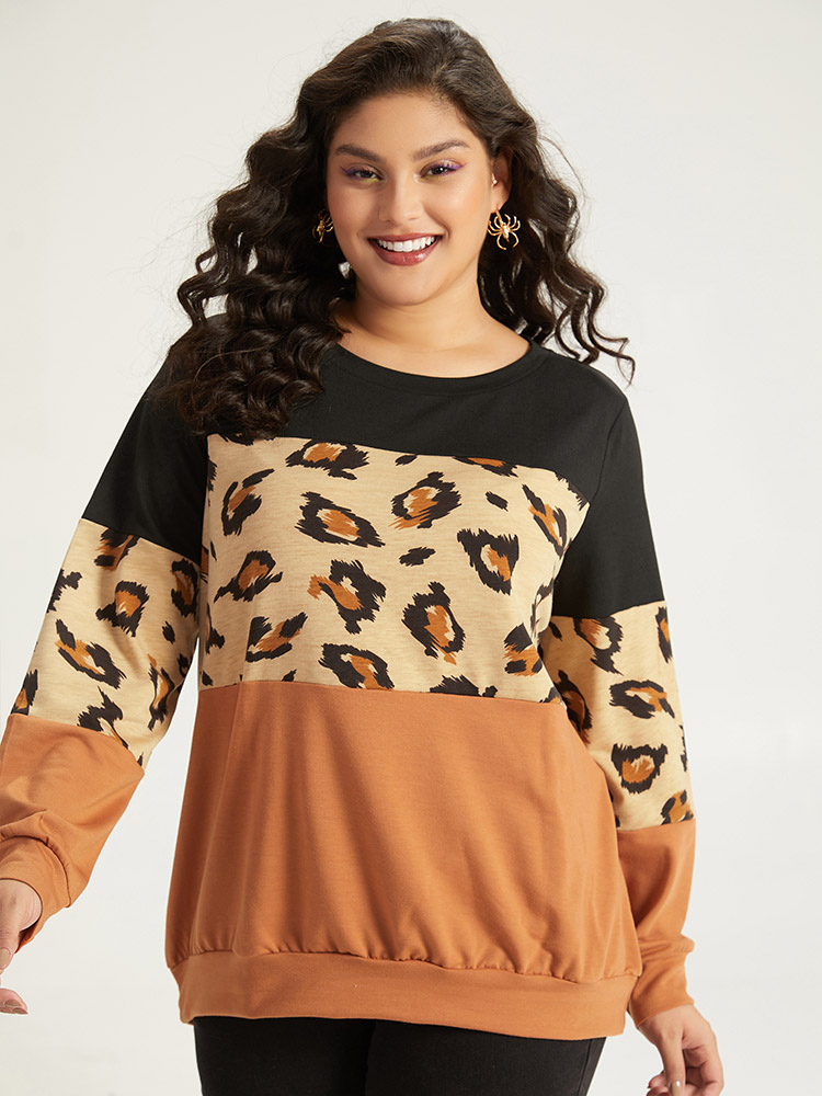 Plus Size Women Dailywear Leopard Patchwork Regular Regular Sleeve Long Sleeve Round Neck Casual Sweatshirts BloomChic 