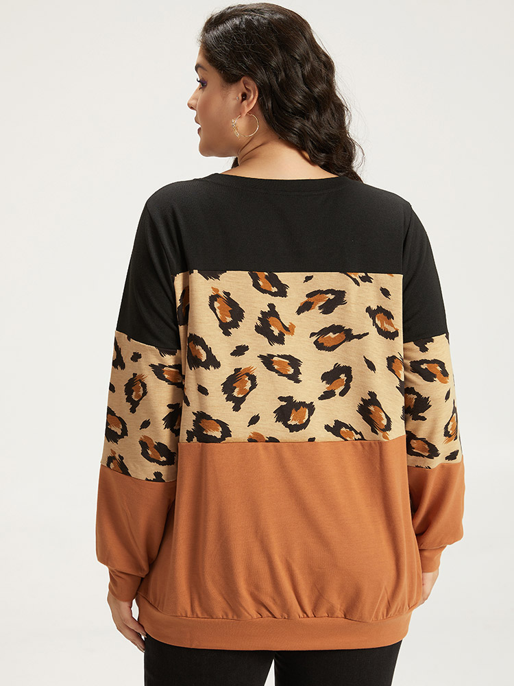 Plus Size Women Dailywear Leopard Patchwork Regular Regular Sleeve Long Sleeve Round Neck Casual Sweatshirts BloomChic 