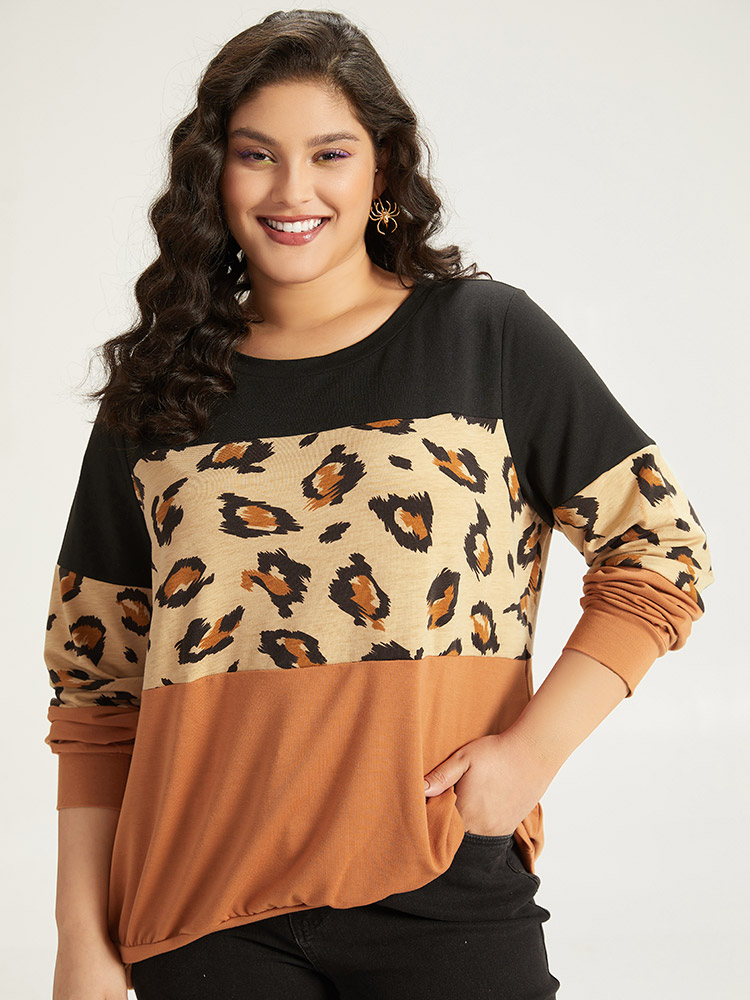 Plus Size Women Dailywear Leopard Patchwork Regular Regular Sleeve Long Sleeve Round Neck Casual Sweatshirts BloomChic 