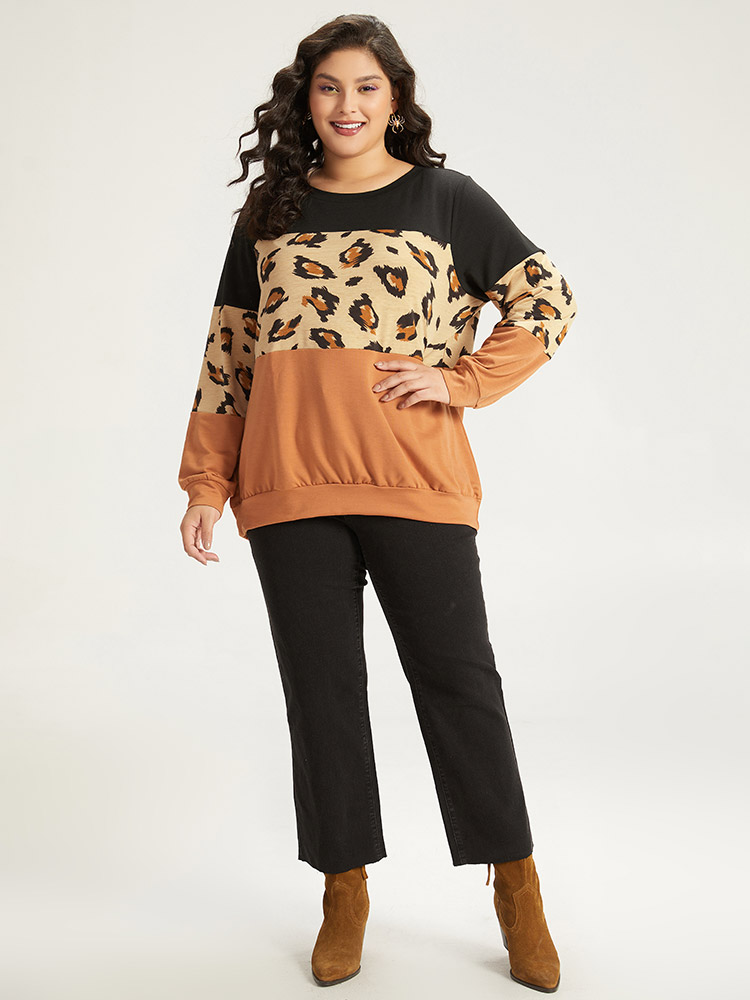 Plus Size Women Dailywear Leopard Patchwork Regular Regular Sleeve Long Sleeve Round Neck Casual Sweatshirts BloomChic 