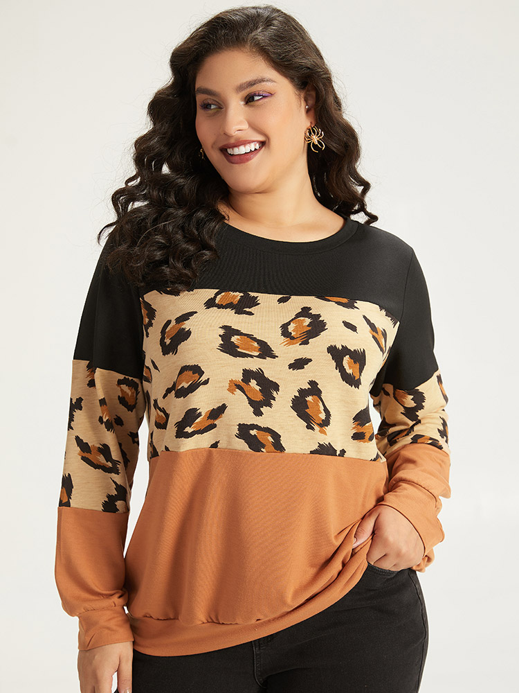 Plus Size Women Dailywear Leopard Patchwork Regular Regular Sleeve Long Sleeve Round Neck Casual Sweatshirts BloomChic 