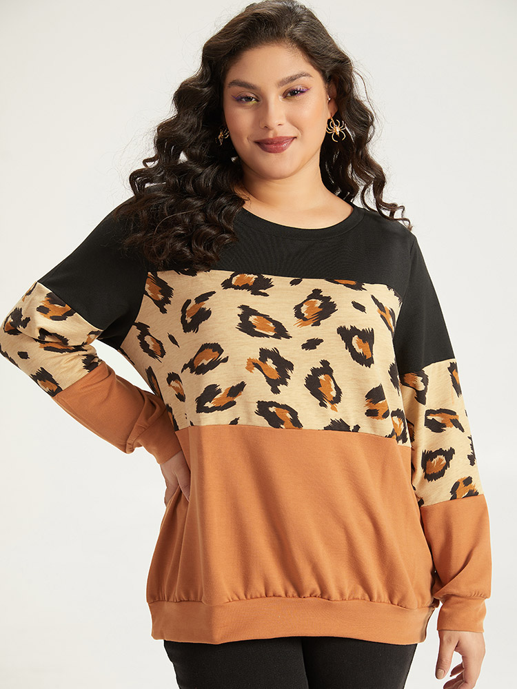 Plus Size Women Dailywear Leopard Patchwork Regular Regular Sleeve Long Sleeve Round Neck Casual Sweatshirts BloomChic 