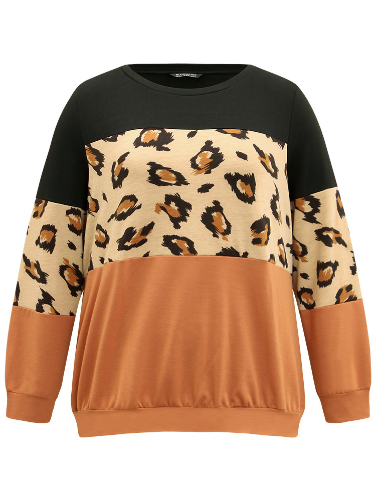 Plus Size Women Dailywear Leopard Patchwork Regular Regular Sleeve Long Sleeve Round Neck Casual Sweatshirts BloomChic 