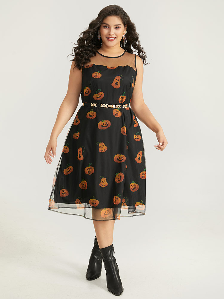 

Plus Size Halloween Pumpkin Print Mesh Patchwork Tank Dress BlackFlower Women Elegant See through Round Neck Sleeveless Curvy Midi Dress BloomChic