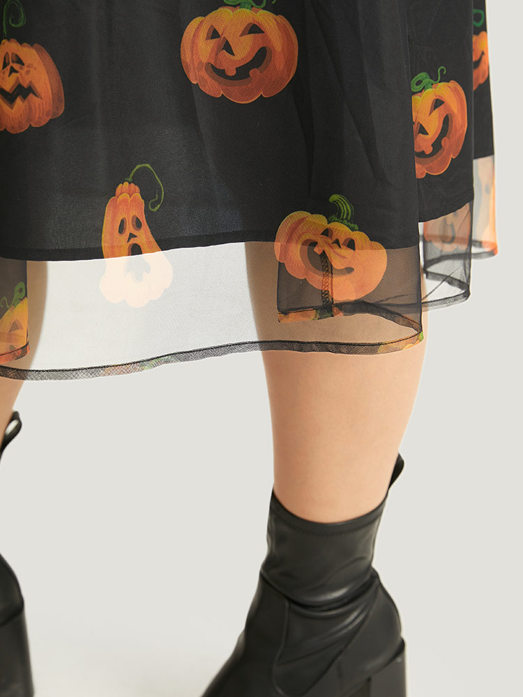 

Plus Size Halloween Pumpkin Print Mesh Patchwork Tank Dress BlackFlower Women Elegant See through Round Neck Sleeveless Curvy Midi Dress BloomChic