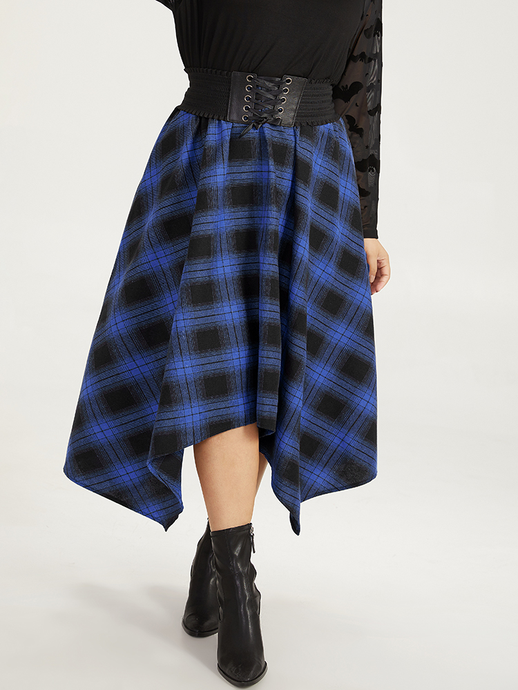 

Halloween Plaid Pocket Hanky Hem Woven Skirt, Darkblue