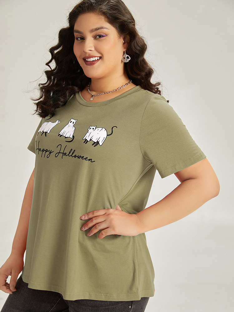 Plus Size Halloween Letter & Animals Crew Neck T-shirt ArmyGreen Women Casual Printed Halloween Festival-Halloween T-shirts BloomChic 26/4X 