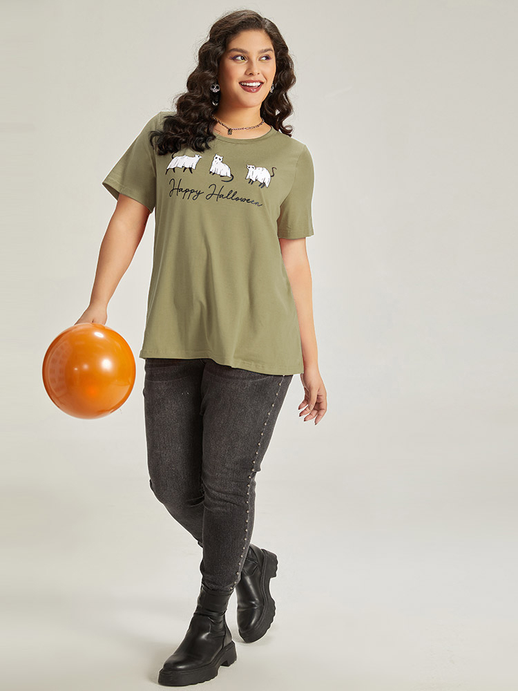 Plus Size Halloween Letter & Animals Crew Neck T-shirt ArmyGreen Women Casual Printed Halloween Festival-Halloween T-shirts BloomChic 26/4X 