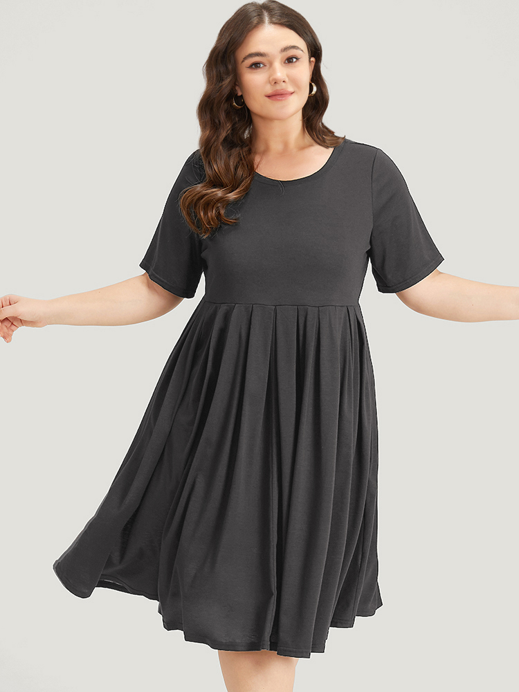 

Plus Size Supersoft Essentials Solid Pleated Round Neck Midi Dress DimGray Women Casual Plain Round Neck Short sleeve Curvy Midi Dress BloomChic