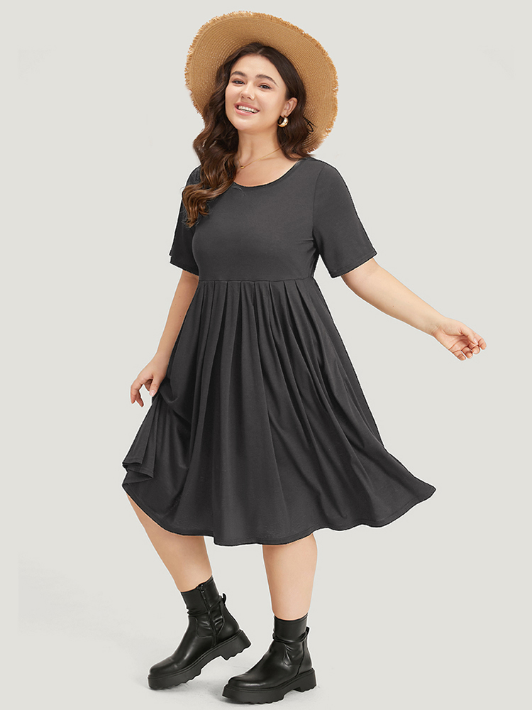 

Plus Size Supersoft Essentials Solid Pleated Round Neck Midi Dress DimGray Women Casual Plain Round Neck Short sleeve Curvy Midi Dress BloomChic