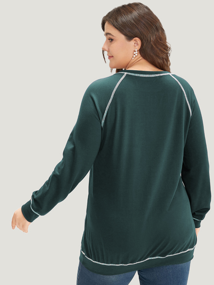 Plus Size Floral Print Stitch Crew Neck Raglan Sleeve Sweatshirt Women Teal Casual Elastic cuffs Dailywear Sweatshirts BloomChic 30/6X 