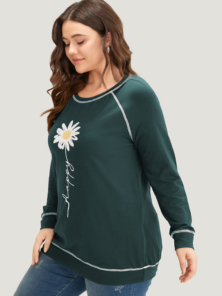 Plus Size Floral Print Stitch Crew Neck Raglan Sleeve Sweatshirt Women Teal Casual Elastic cuffs Dailywear Sweatshirts BloomChic 30/6X 