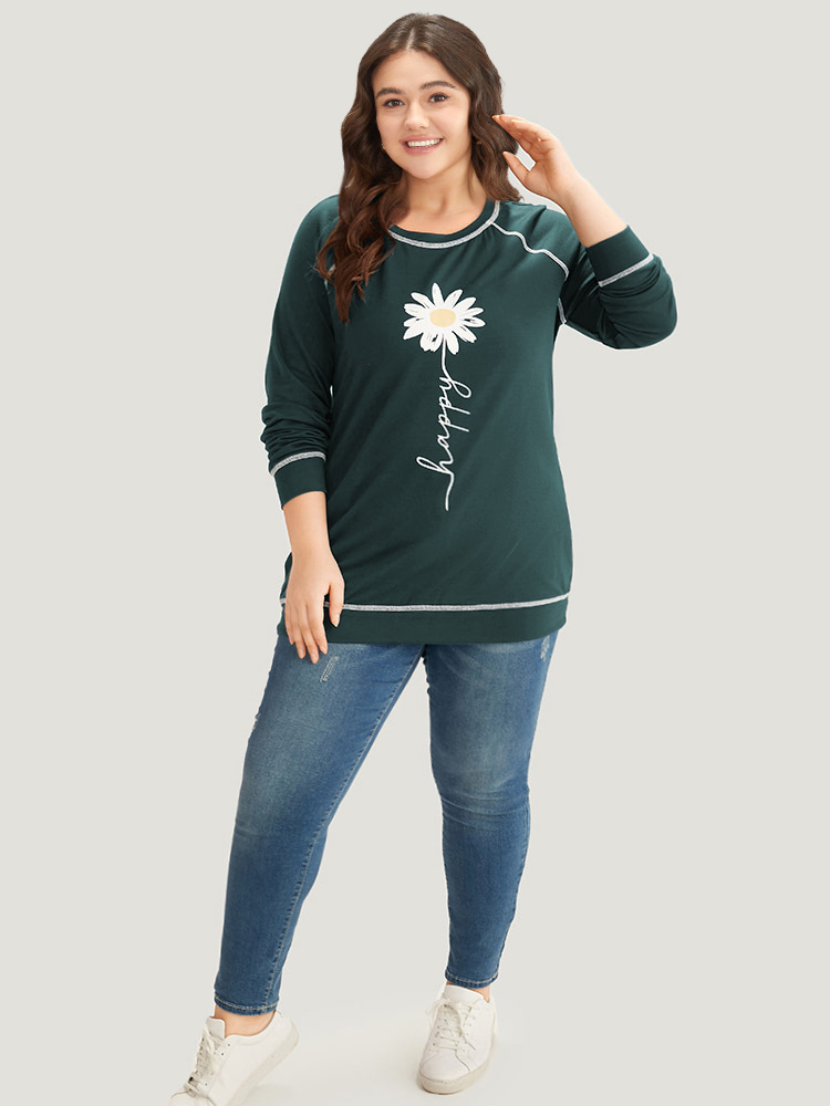 Plus Size Floral Print Stitch Crew Neck Raglan Sleeve Sweatshirt Women Teal Casual Elastic cuffs Dailywear Sweatshirts BloomChic 30/6X 